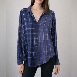 Zara Woman Premium Patchwork Plaid Button Down Shirt Blue Cotton Sz L